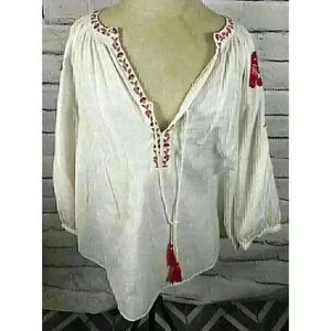 H&M L.O.G.G. Womans White/Red Embroidered Long Sleeve Shirt Size XS Oversized